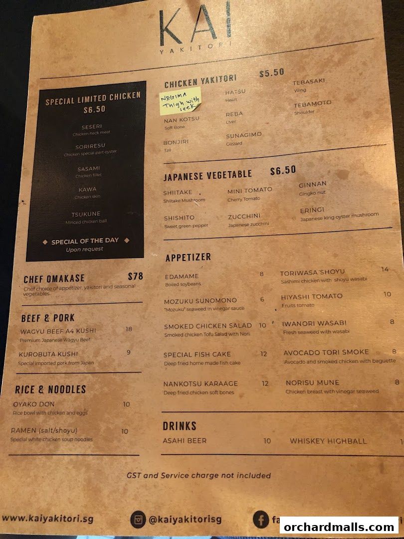 A menu for KAI Yakitori featuring chicken yakitori, vegetables, beef, pork, rice, noodles, and drinks.