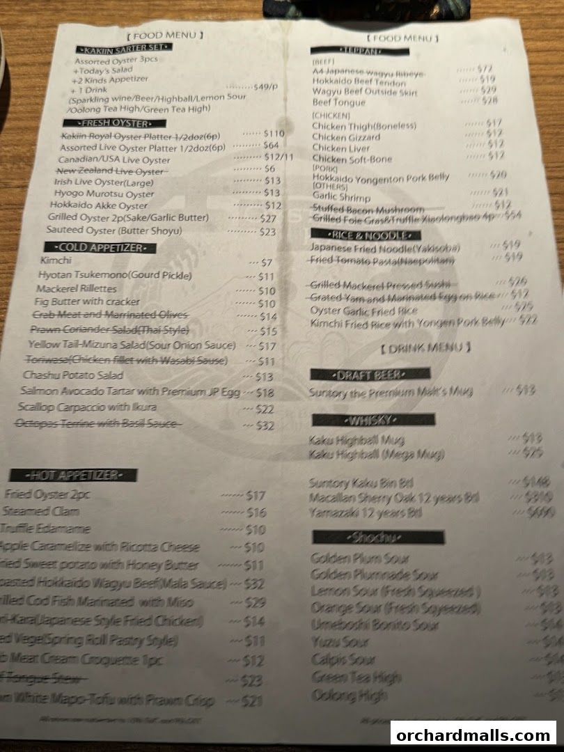 A menu from Kakiin Oyster Bar featuring a variety of oysters, appetizers, and drinks.
