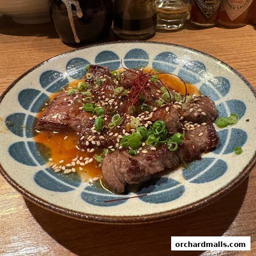 A plate of thinly sliced beef with sauce, sesame seeds, and green onions.