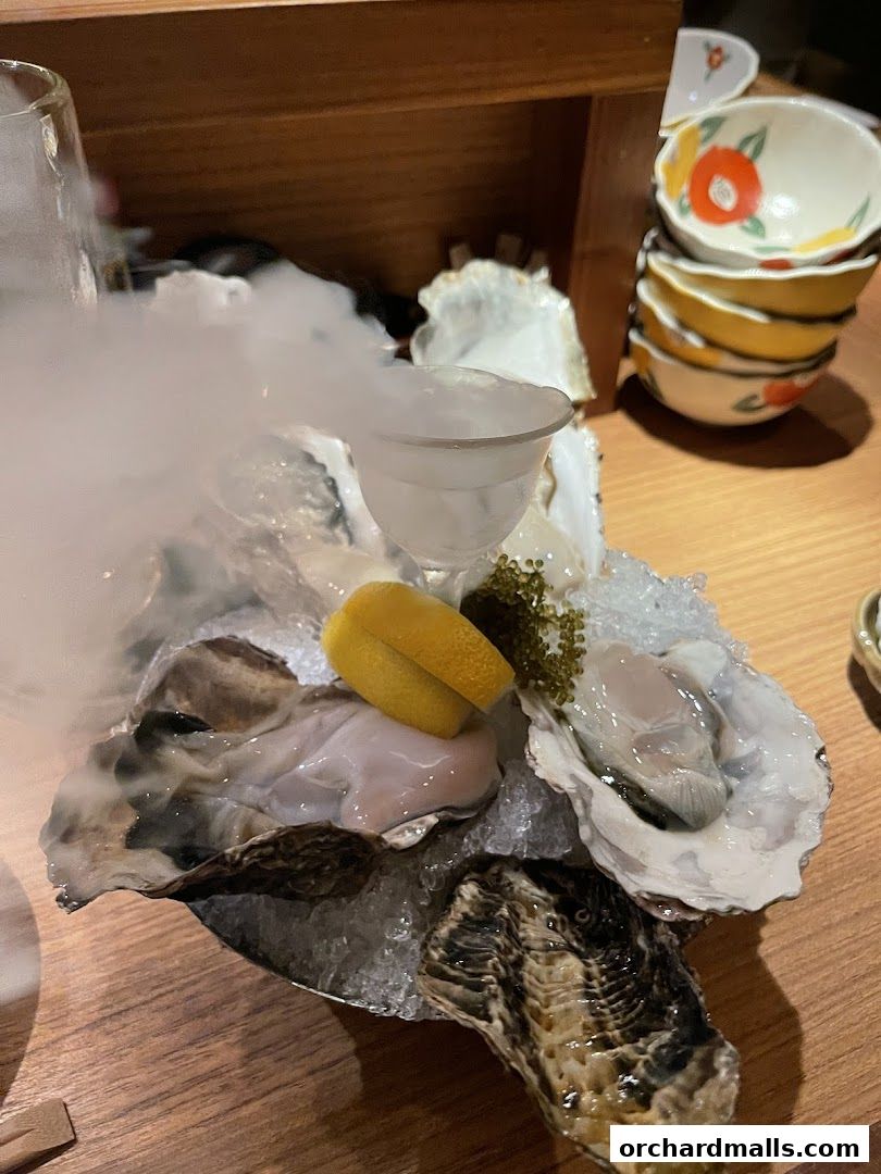 A platter of fresh oysters served on ice with lemon and a smoky presentation.