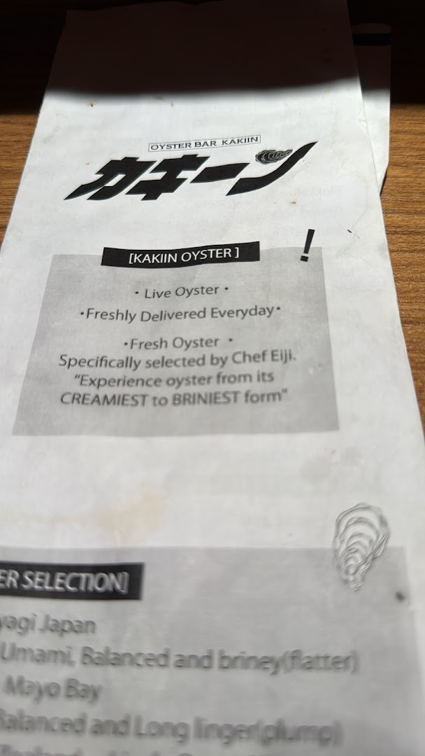 Menu page for Kakiin Oyster Bar