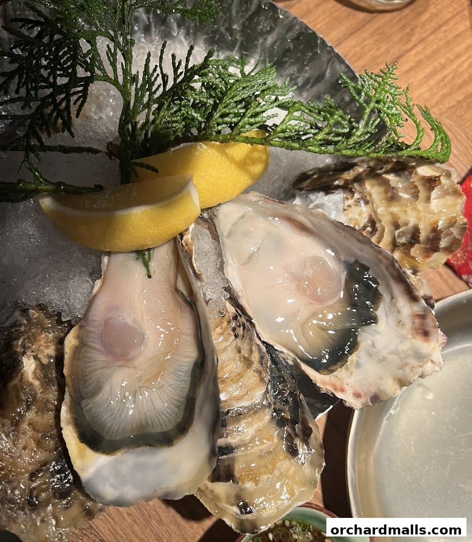 Freshly shucked oysters on ice with lemon wedges and greenery.