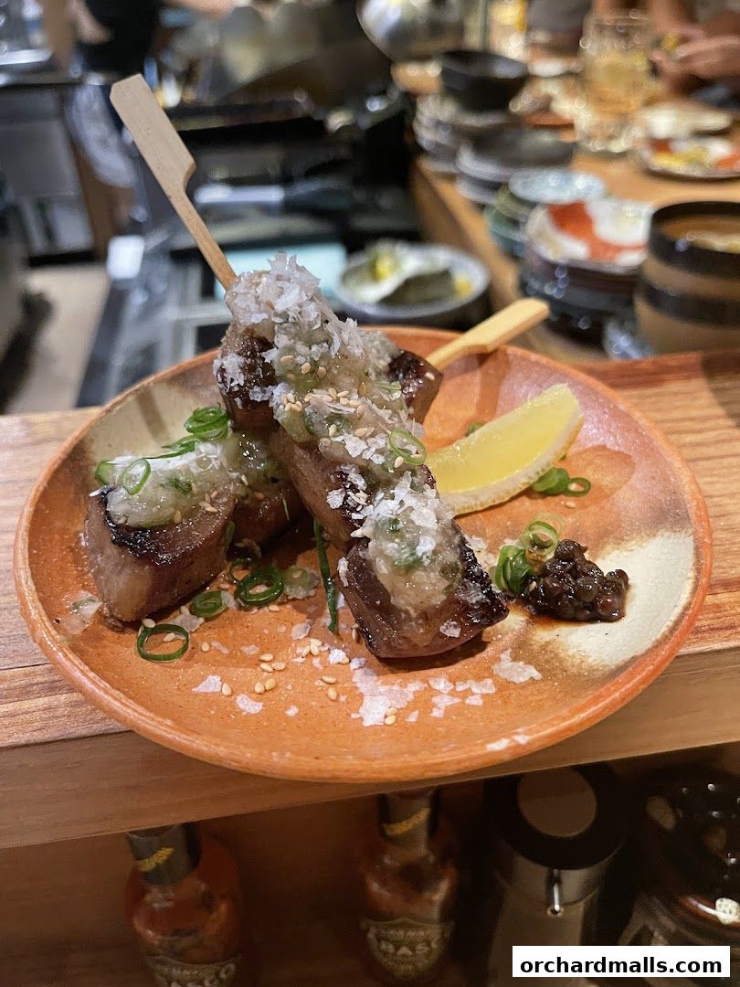 Two skewers of grilled meat topped with sauce and scallions on a plate.