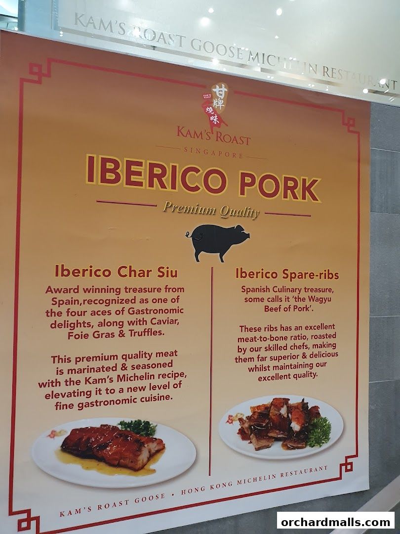 A promotional poster for Kam's Roast featuring Iberico Pork dishes.