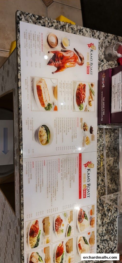 A menu from Kam's Roast Express featuring various roast meats and noodle dishes.