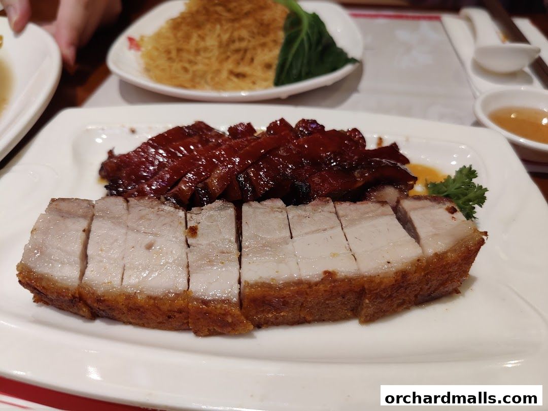 A plate of roasted meats, including crispy pork belly and char siu, with a side of noodles.