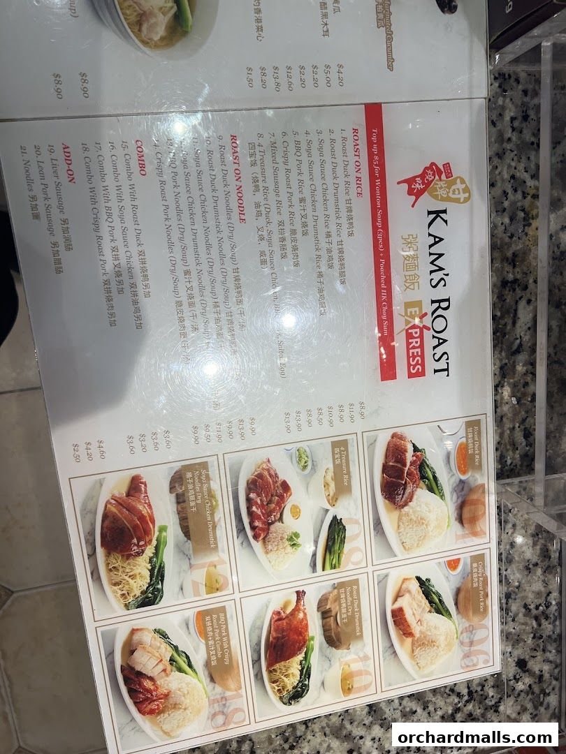 A menu from Kam's Roast Express featuring various roast meats and noodle dishes.