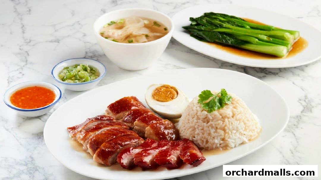 A plate of roasted meats with rice, a side of vegetables, soup, and dipping sauces.