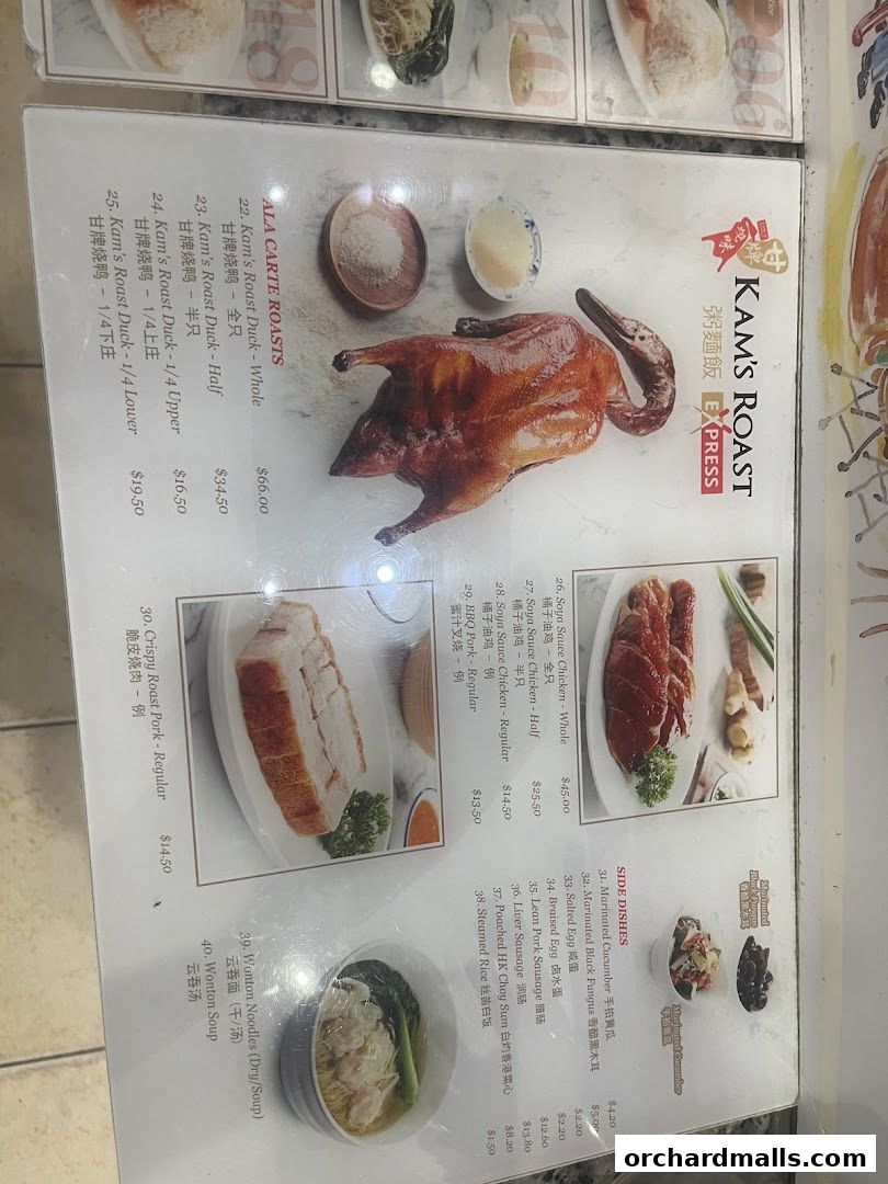 A menu from Kam's Roast Express featuring various roast duck, pork, chicken dishes, and side dishes.
