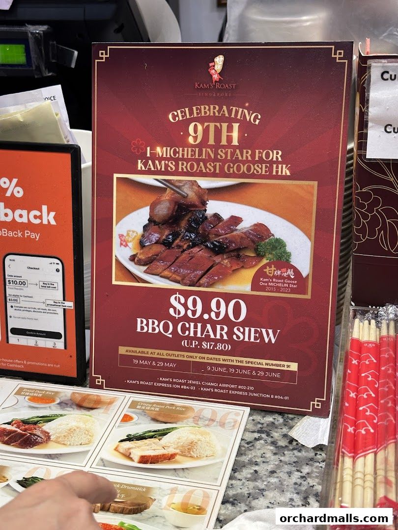 A promotional flyer for Kam's Roast Express featuring BBQ Char Siew and other roast dishes.