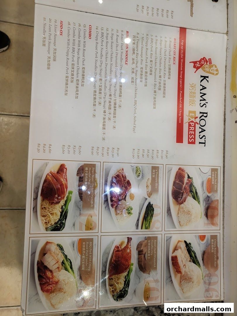 A menu from Kam's Roast Express featuring various roast meats with rice and noodles.