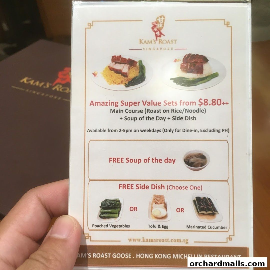 A menu from Kam's Roast Express featuring super value sets with roast meat, soup, and side dishes.