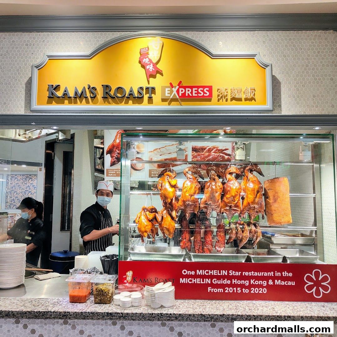 A display of roasted meats including ducks and char siu, with staff behind the counter.