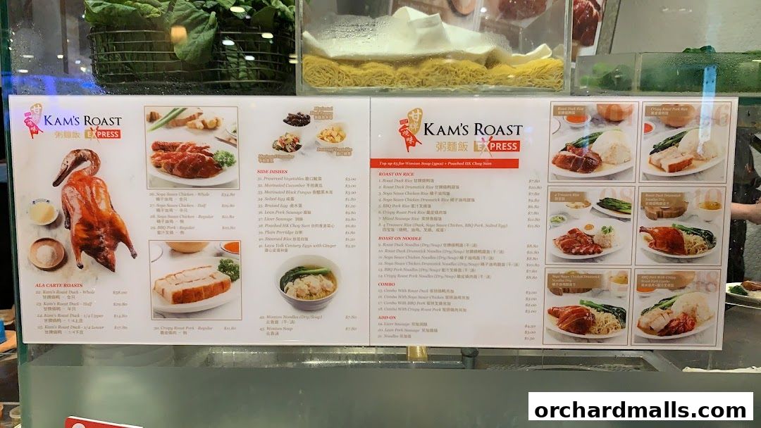 A menu board for Kam's Roast Express featuring various roast meats and noodle dishes.