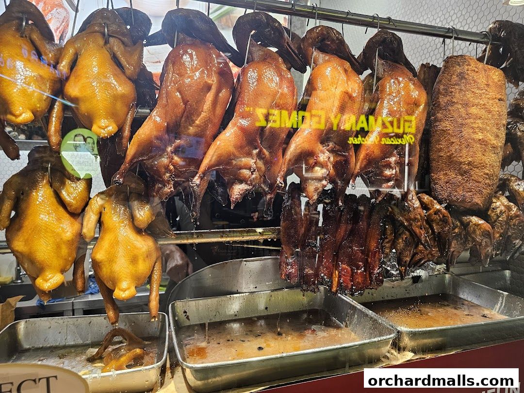 A display of various roasted meats, including ducks and pork, hanging in a shop.