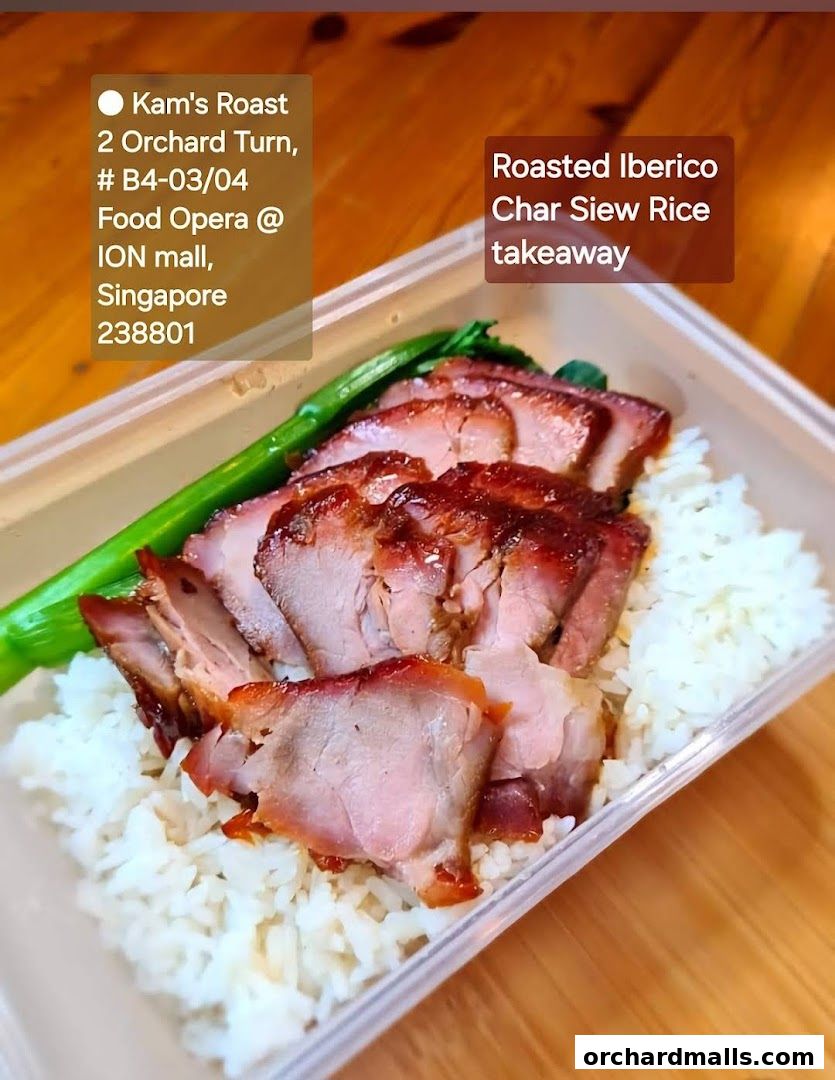 A takeaway container filled with white rice, roasted char siew, and green vegetables.