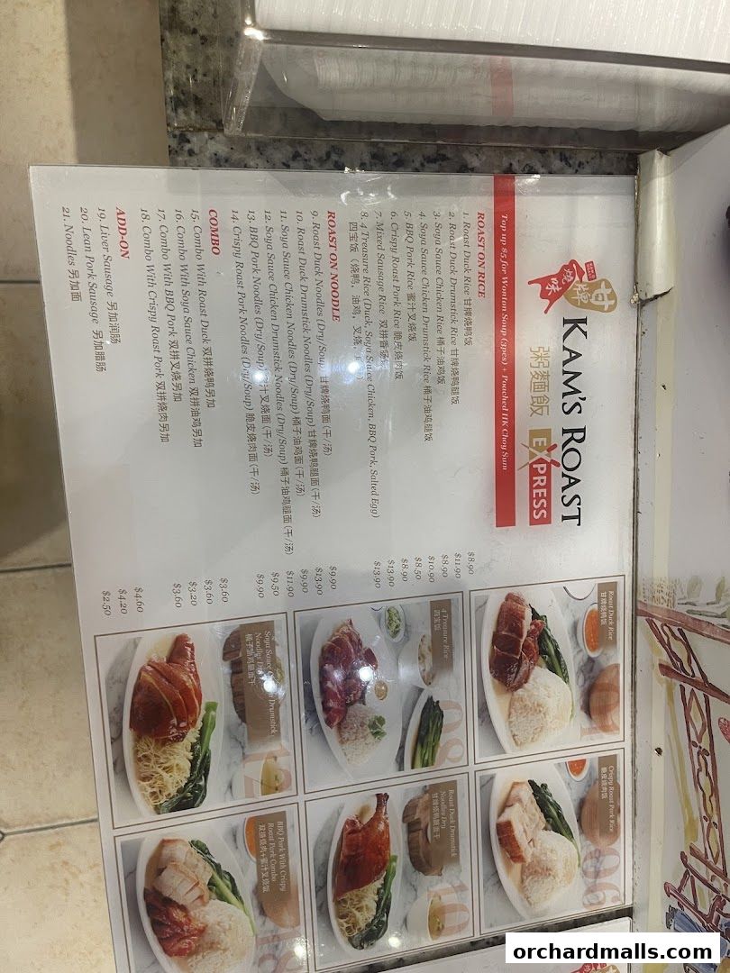 A menu from Kam's Roast Express featuring various roast meats on rice and noodles.