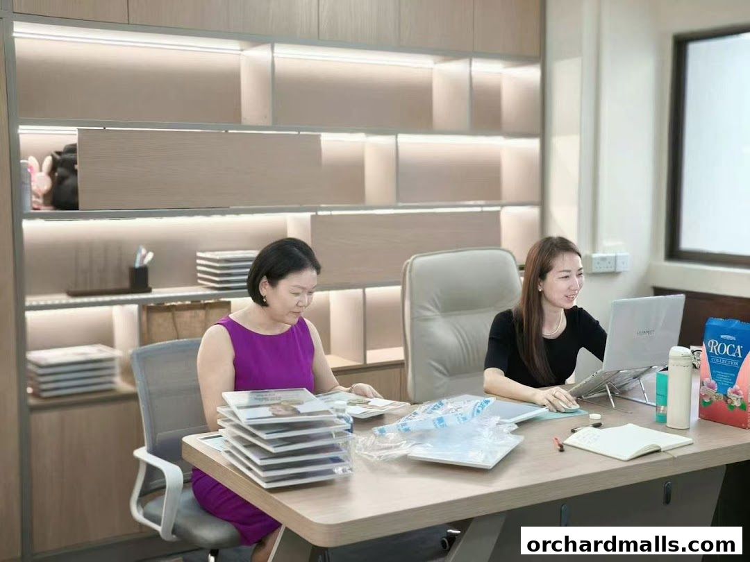 Two women working at desks in a modern office with shelves and laptops.