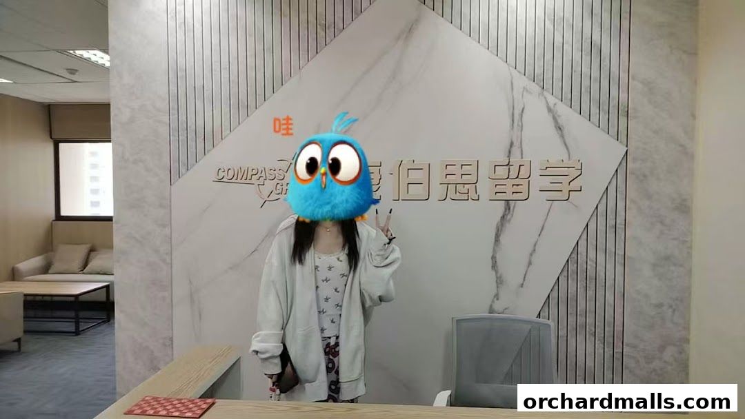 A person with a cartoon bird mask stands in front of the '康伯思留学教育' logo.