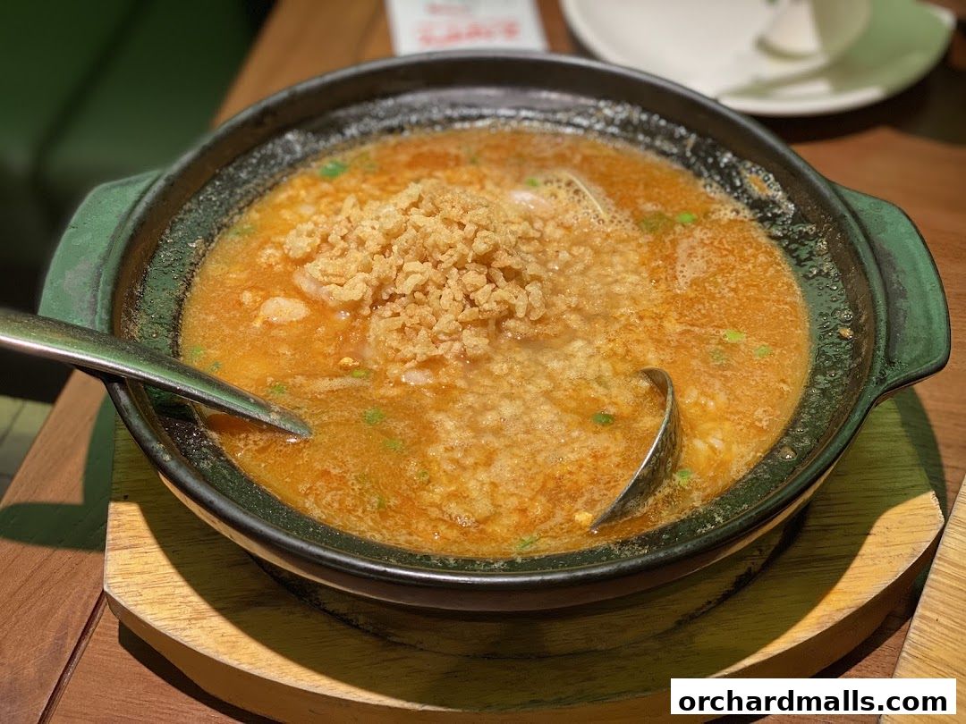 A close-up shot of a steaming bowl of ramen with crispy toppings and a ladle.