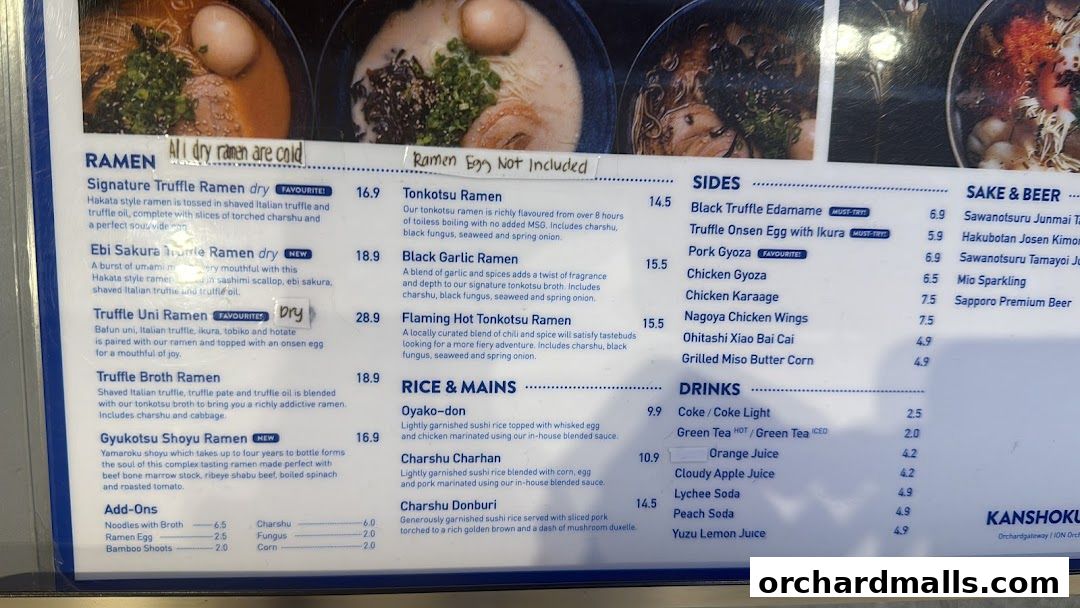 A menu from Kanshoku Ramen Bar featuring various ramen dishes, sides, rice bowls, and drinks.