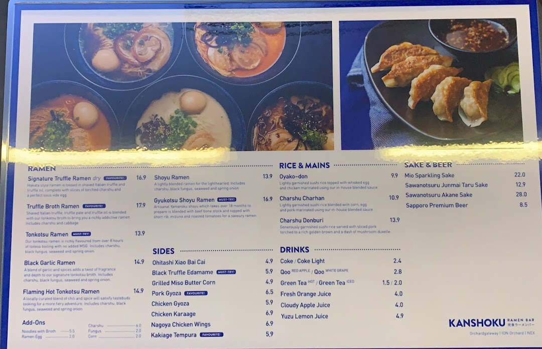 Menu page for Kanshoku Ramen Bar ION Orchard