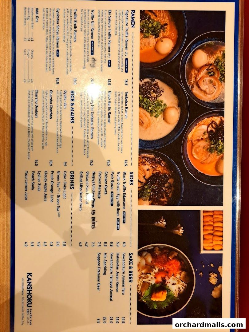 A menu from Kanshoku Ramen Bar featuring various ramen, sides, sake, beer, and drinks.