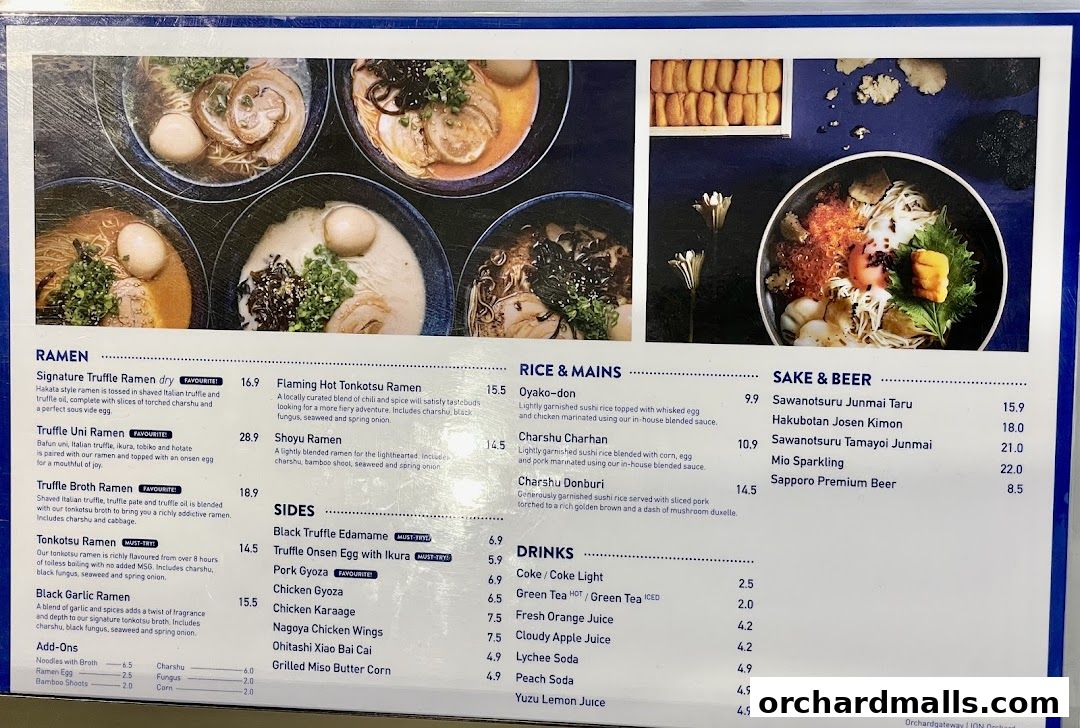 A menu featuring various ramen dishes, sides, rice and mains, sake, beer, and drinks.