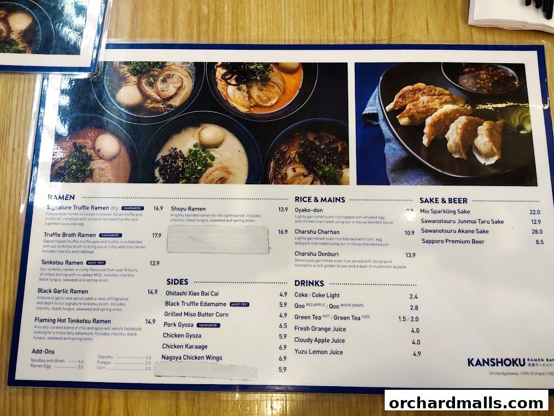 Menu page for Kanshoku Ramen Bar