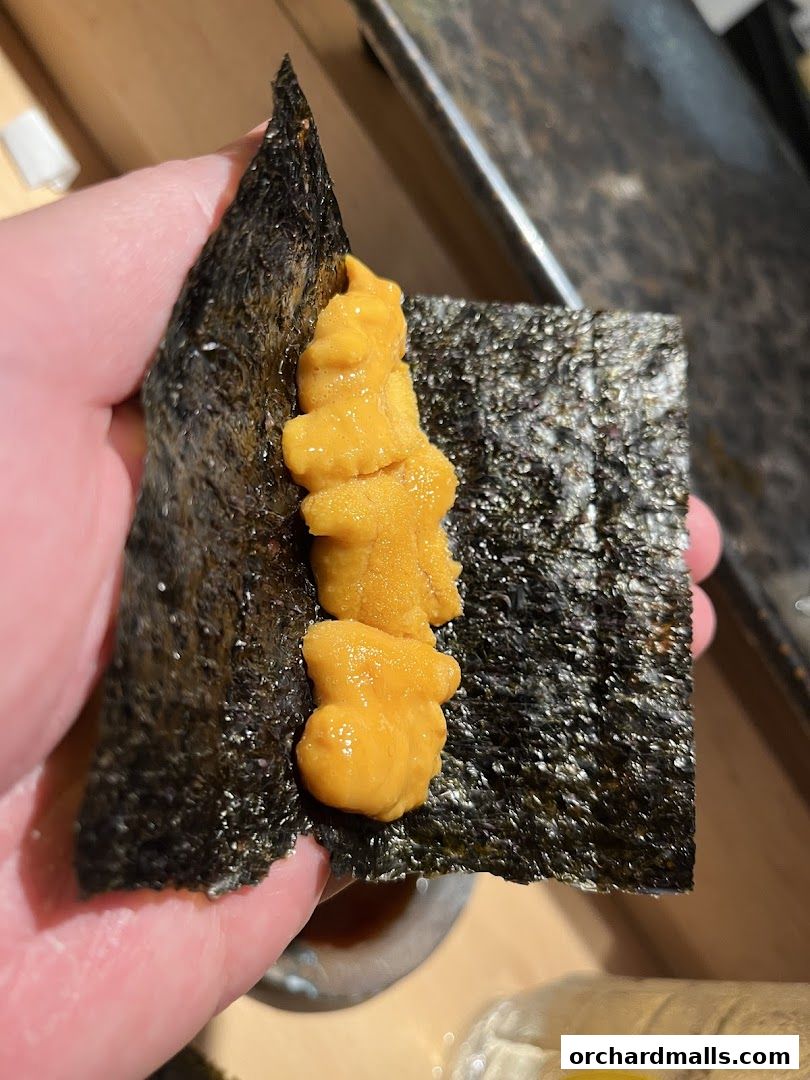 A hand holds a piece of nori seaweed with fresh uni (sea urchin) on top.