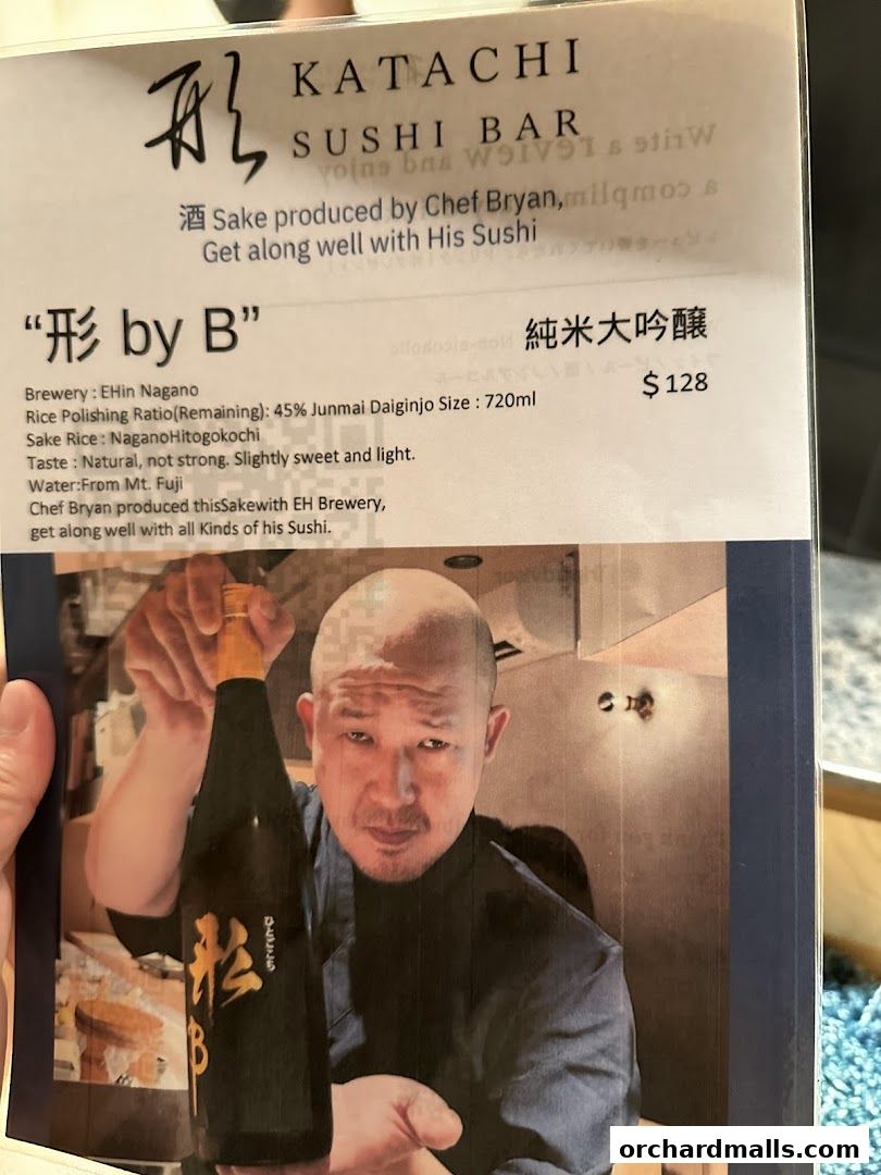 A menu featuring sake produced by Chef Bryan at Katachi Sushi Bar.