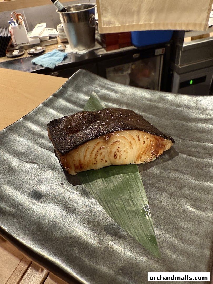 A perfectly grilled fish fillet served on a dark, textured plate with a green leaf garnish.