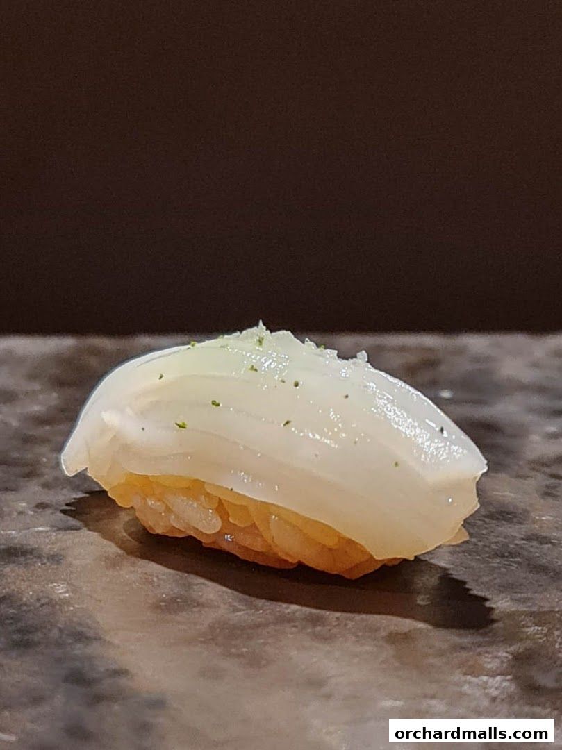 A close-up shot of a single piece of sushi with white topping and green garnish.