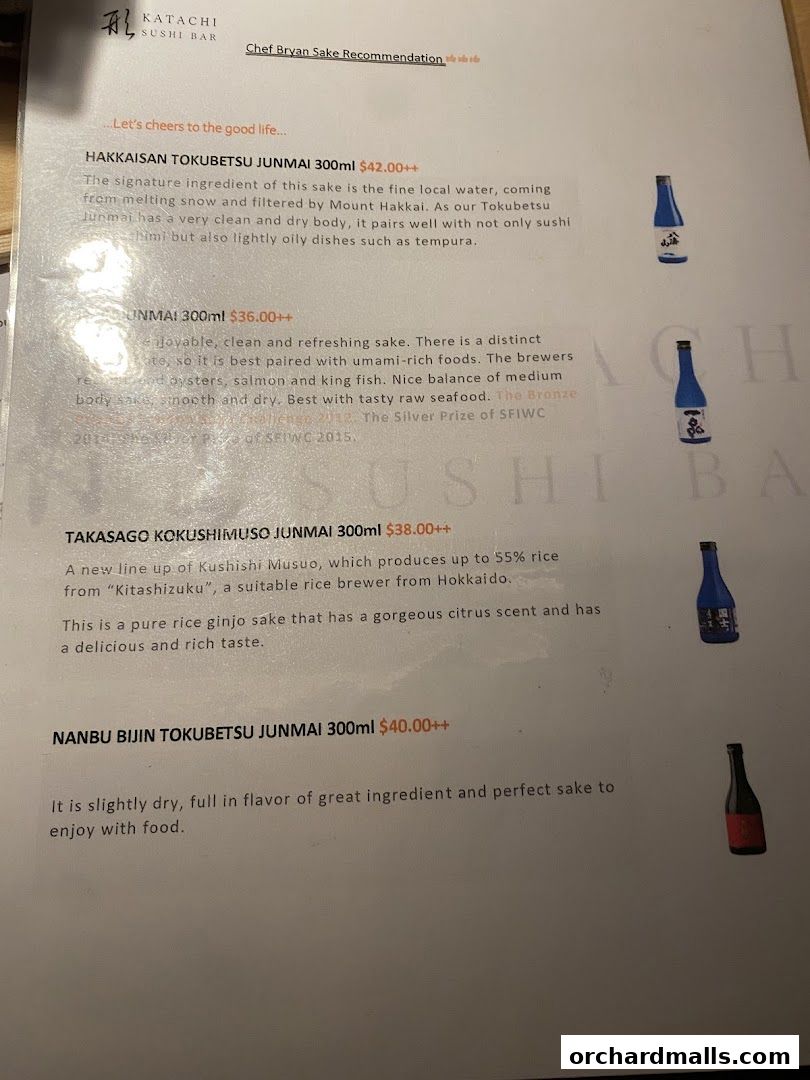 A menu from Katachi Sushi Bar featuring various sake selections with descriptions and prices.