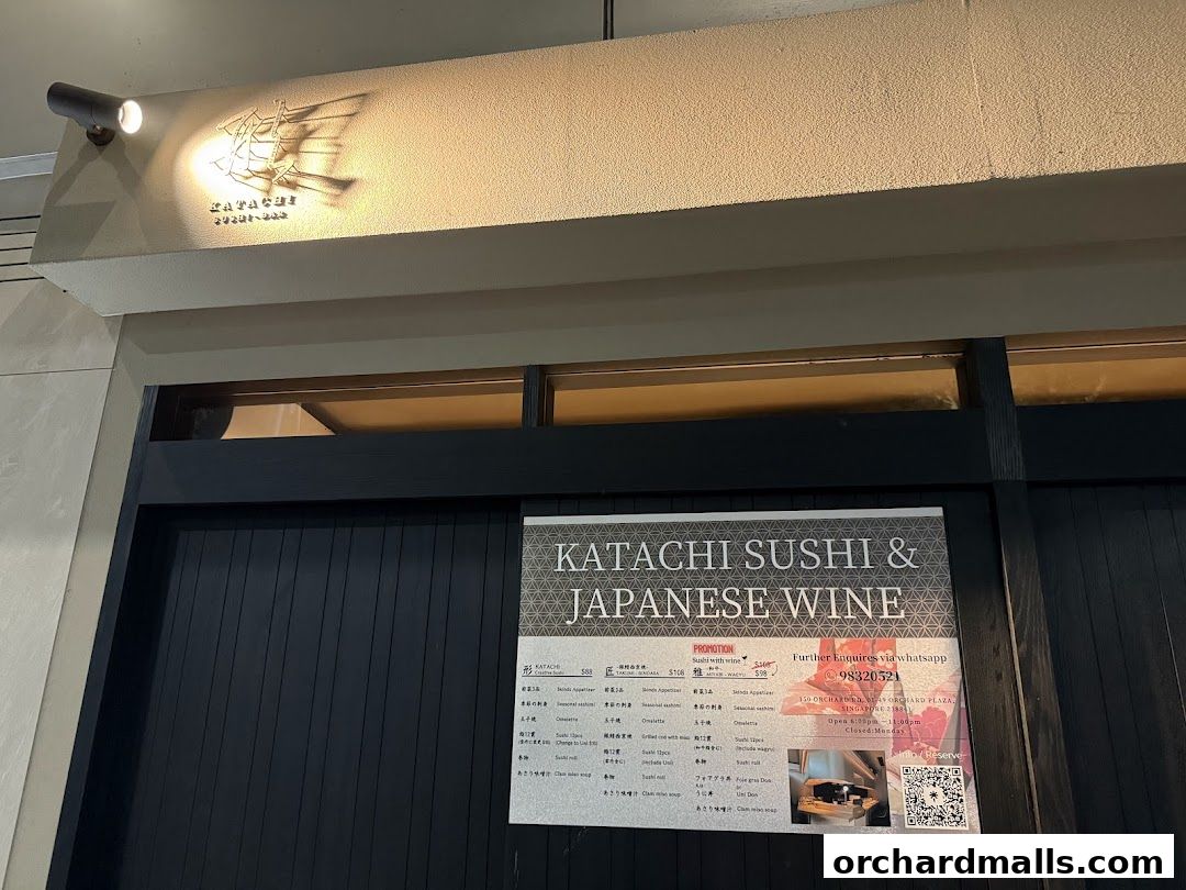 The exterior of Katachi Sushi & Japanese Wine with a menu displayed.