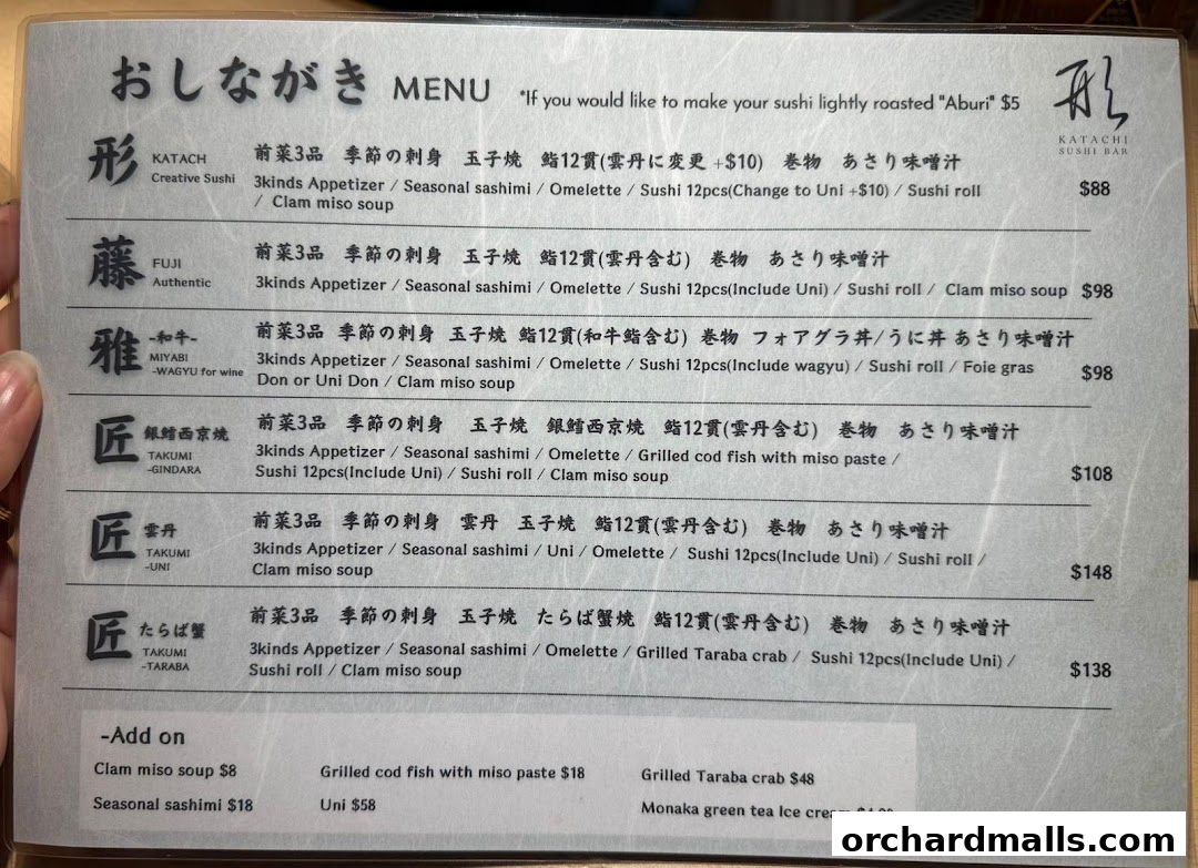 A menu from Katachi Sushi Bar featuring various sushi sets and add-ons.