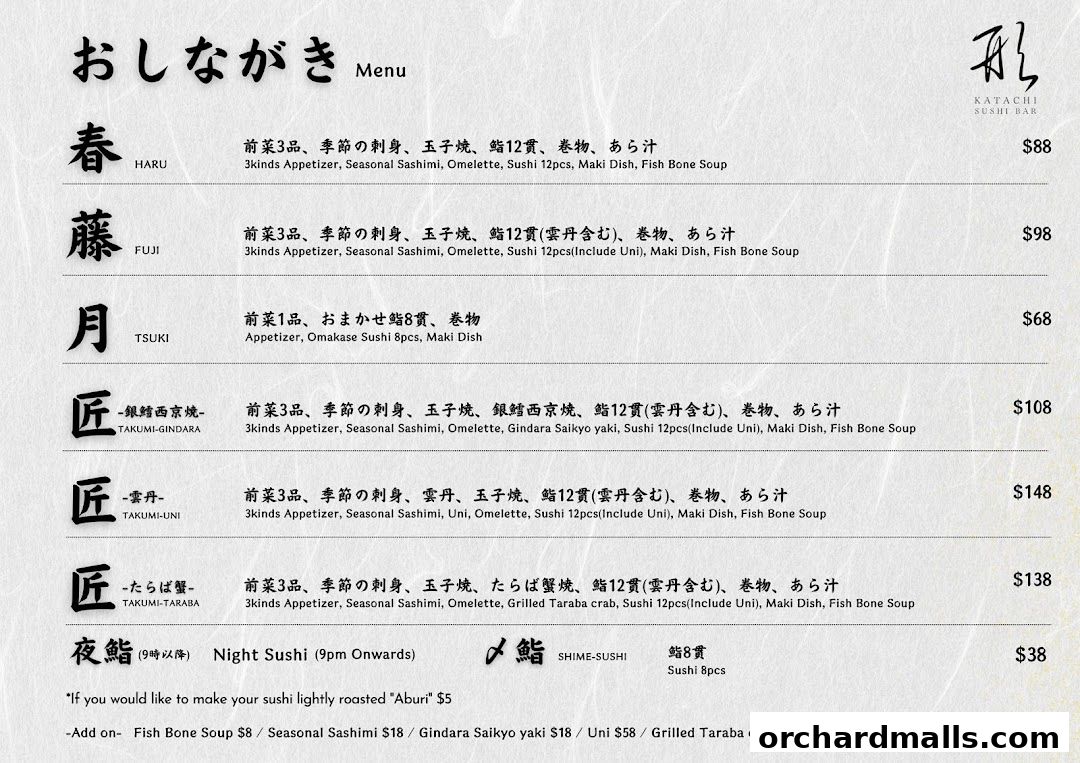 A Japanese sushi menu with various set meals and add-ons.