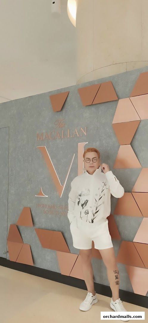 A person poses in front of a wall with 'The Macallan' logo and geometric patterns.