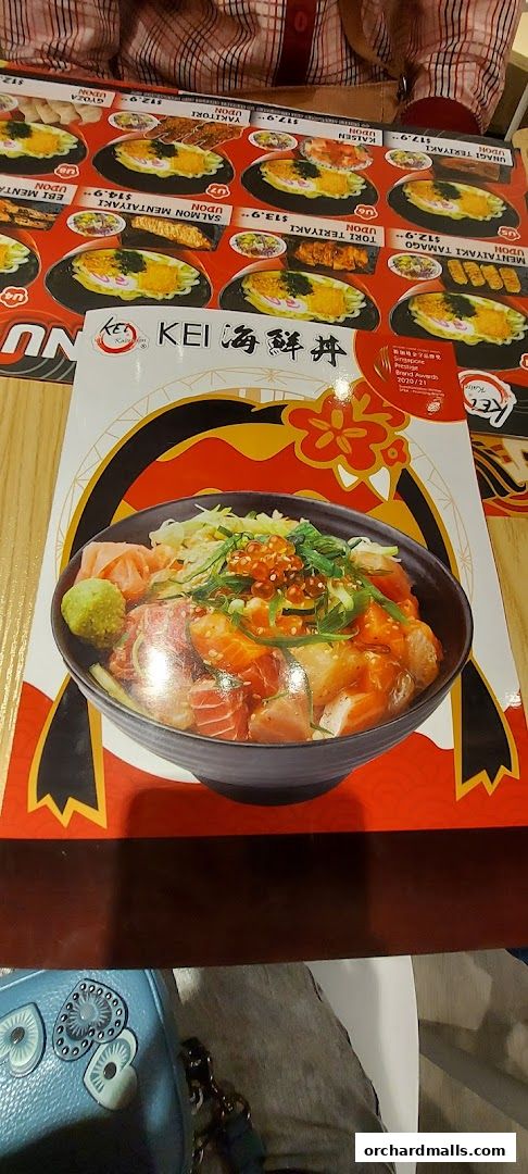 A menu from Kei Kaisendon Wheelock Place featuring various udon dishes and Kaisendon.