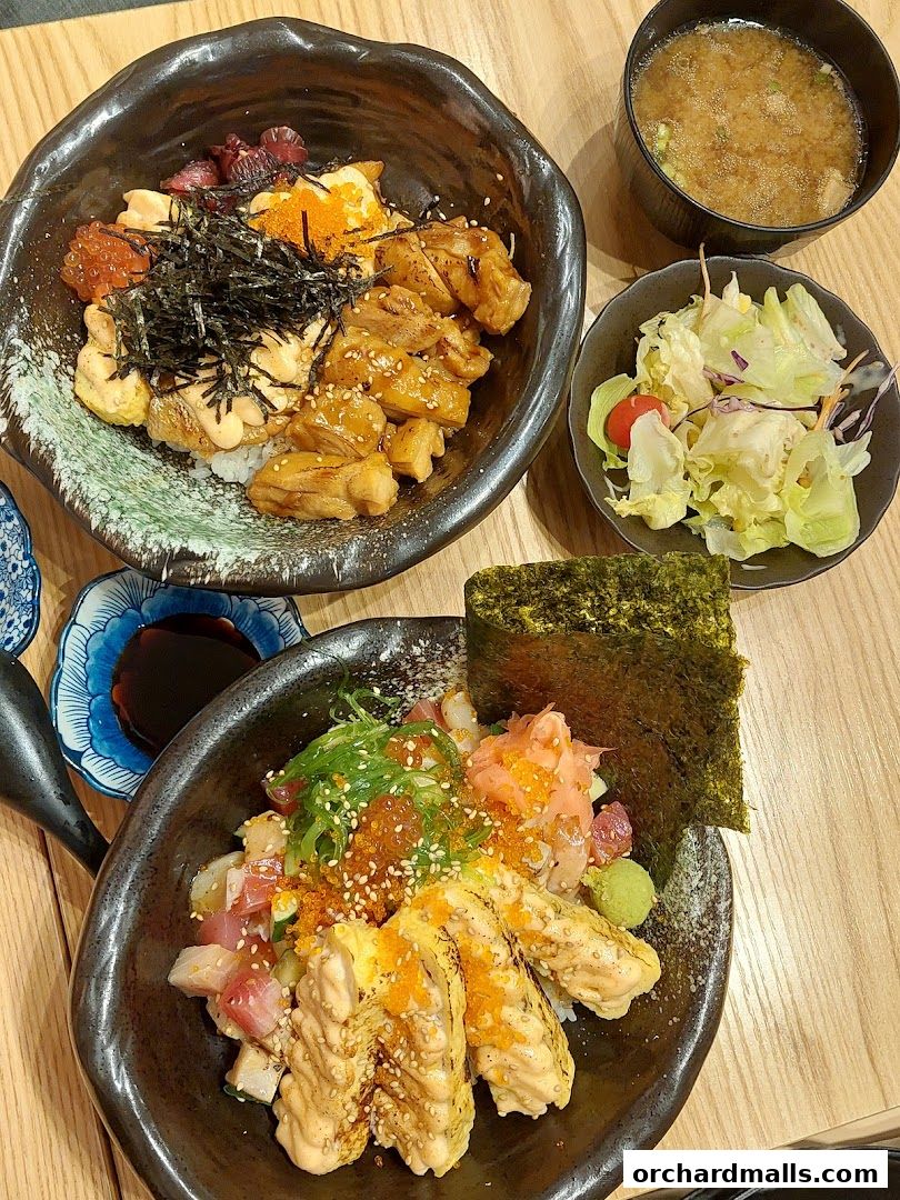 Two bowls of Japanese rice bowls with various toppings, miso soup, and a side salad.
