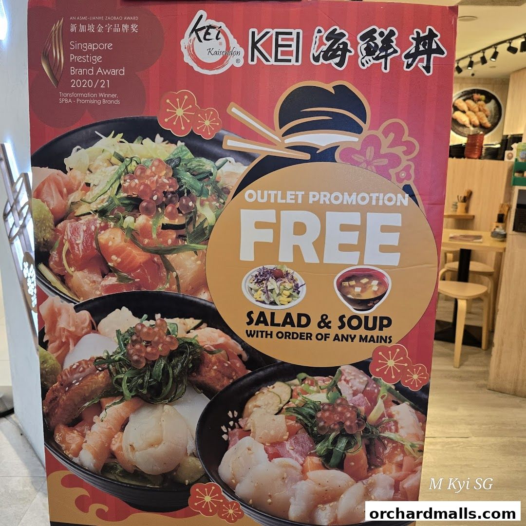 A promotional banner for Kei Kaisendon featuring delicious seafood bowls and a free salad and soup offer.