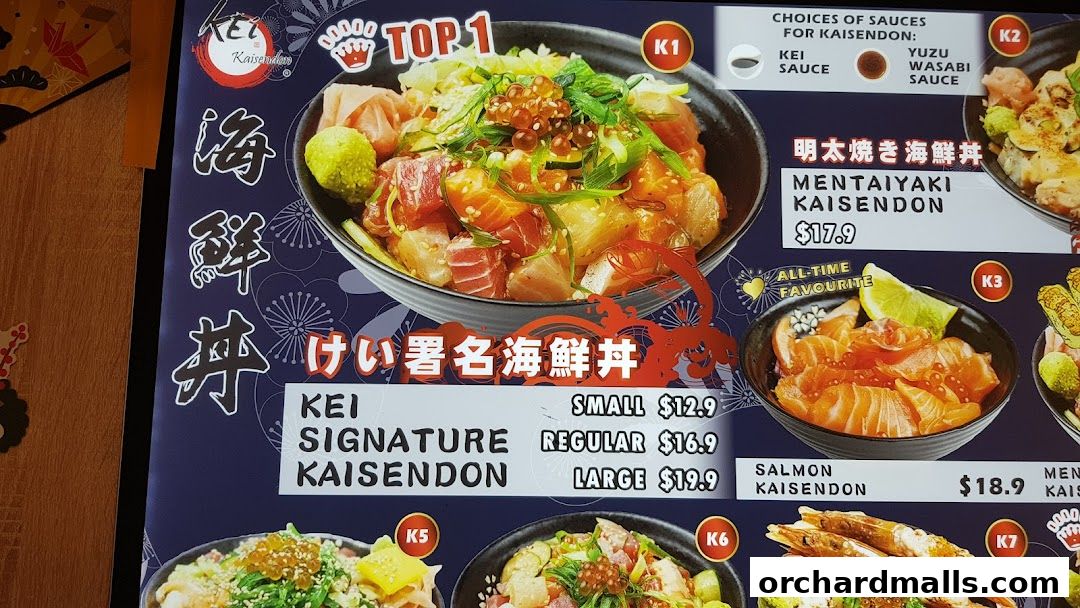 A menu board displaying various Kaisendon dishes with prices and descriptions.