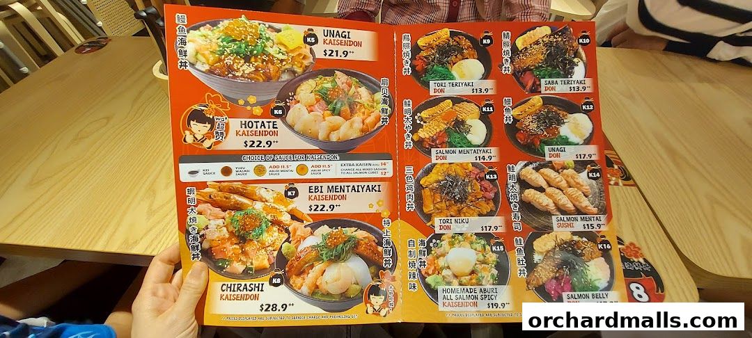 A menu from Kei Kaisendon Wheelock Place featuring various donburi and sushi dishes.
