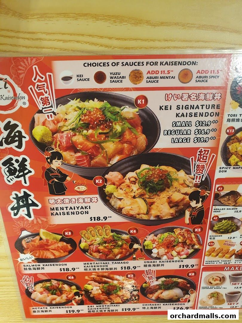 A menu showcasing various Kaisendon dishes with prices and sauce options.