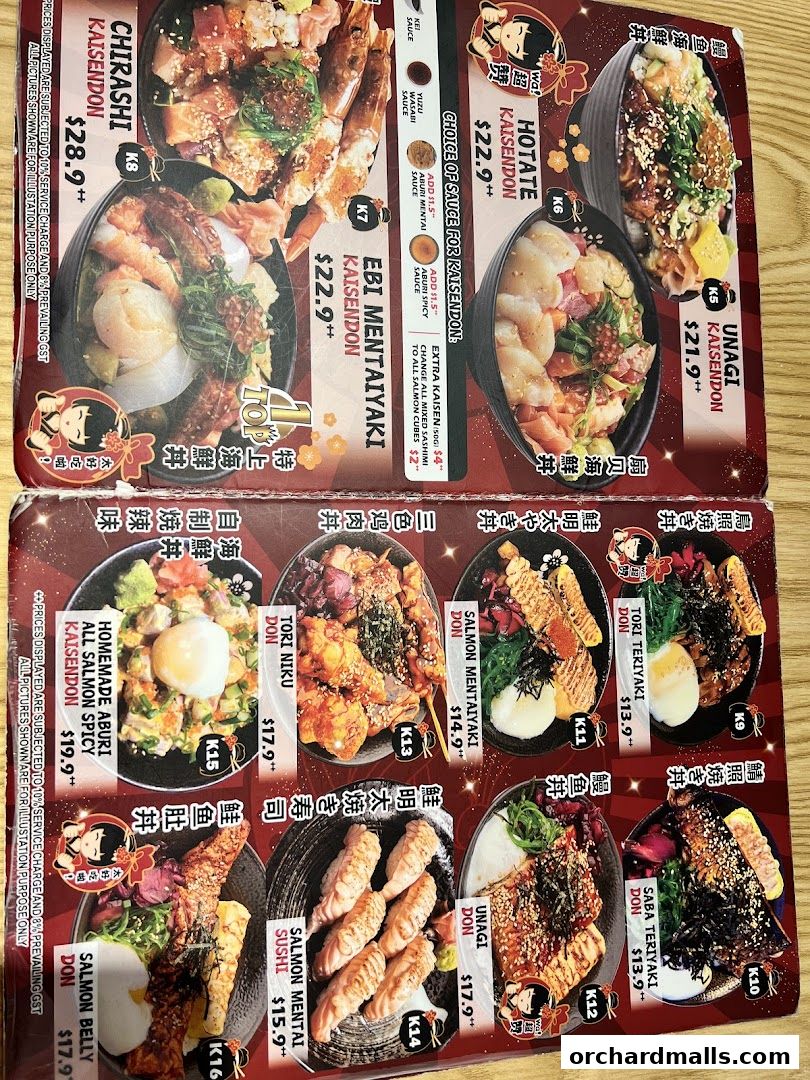 A menu showcasing various Kaisendon and Donburi dishes with prices and descriptions.