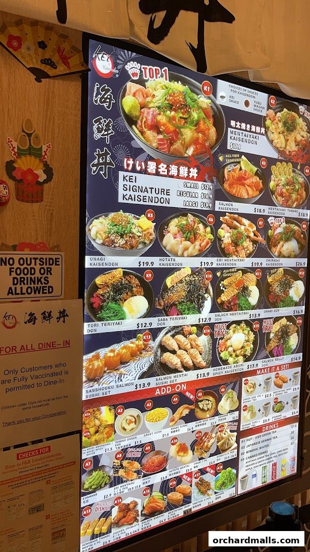 A menu board displaying various Kaisendon dishes and add-ons with prices.