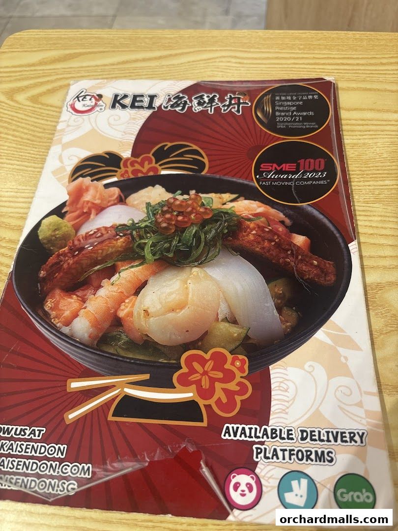 A menu from Kei Kaisendon featuring a bowl of seafood over rice and delivery platform logos.