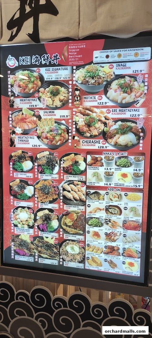 A menu board displaying various Kaisendon dishes with prices and images.