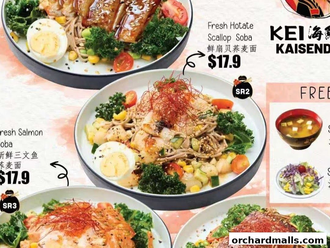 A close-up of delicious Japanese soba noodle dishes with fresh seafood and vegetables.