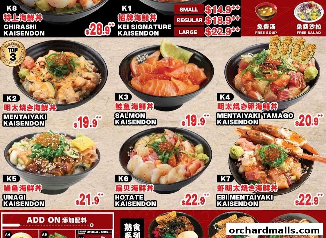 A menu showcasing various Kaisendon bowls with fresh seafood and ingredients.